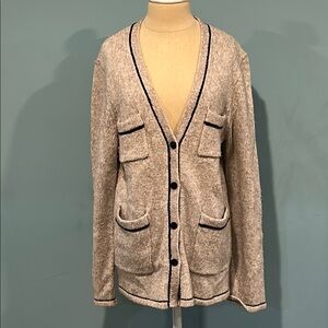 Theory Contrast-Stitched Wool Blend Cardigan Large Tan Black Patch Pockets